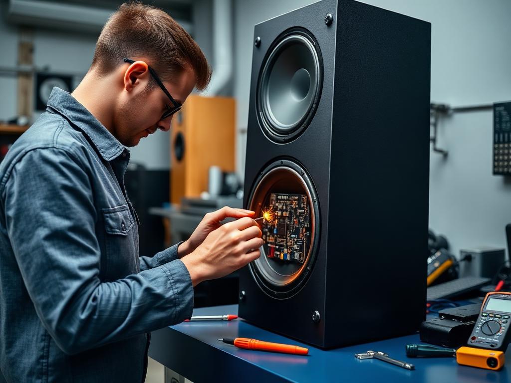 Expert portable speaker repair on a dark blue workbench