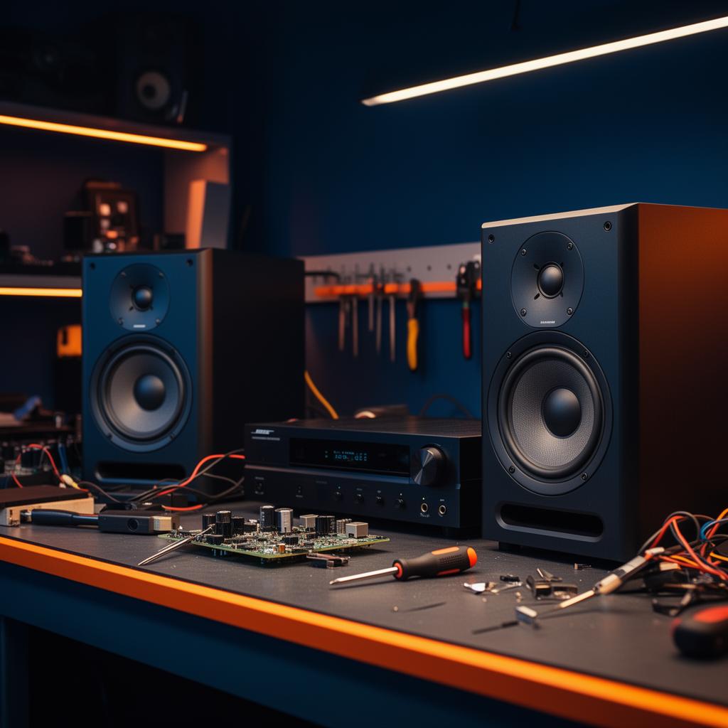 Technician repairing premium tower speaker at Shrishti Electronics workshop