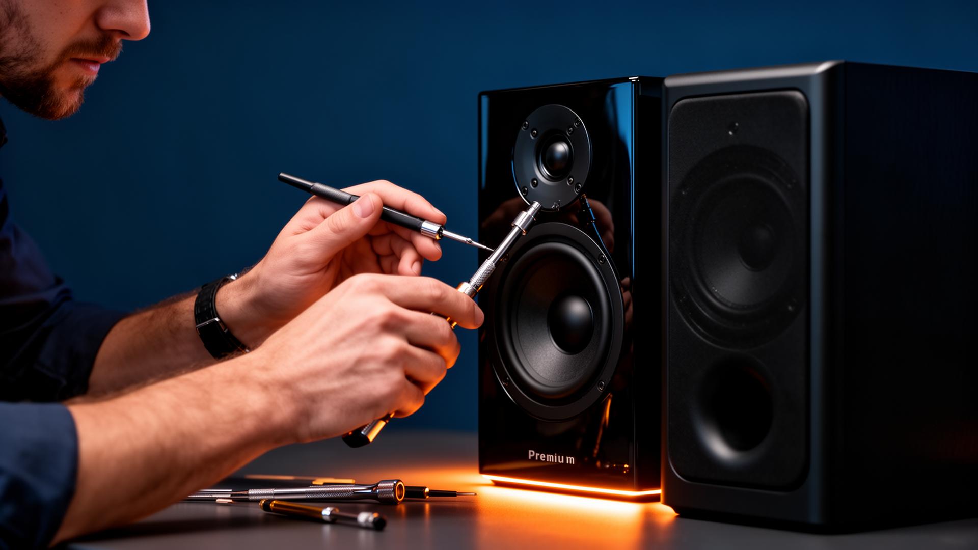 Technician repairing a premium music system